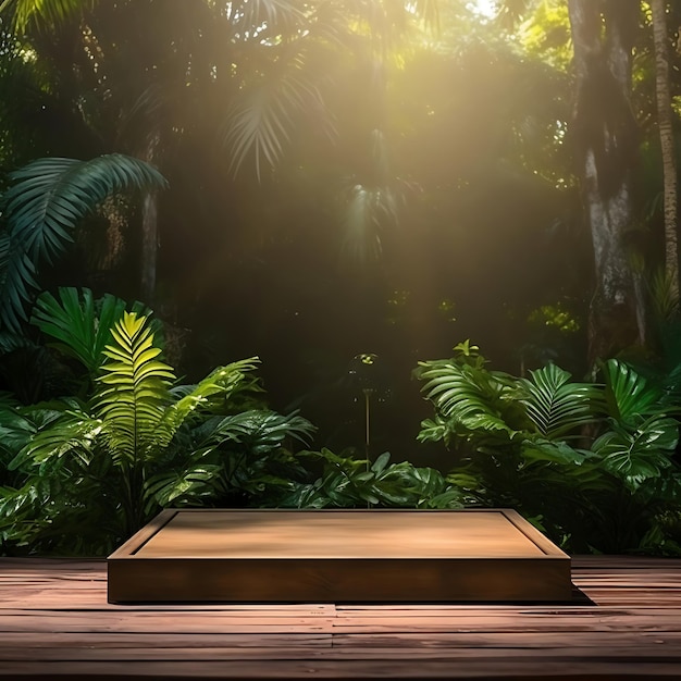 Wooden podium in tropical forest background for product presentation