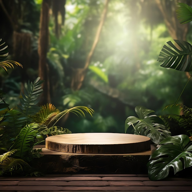 Wooden podium in tropical forest background for product presentation