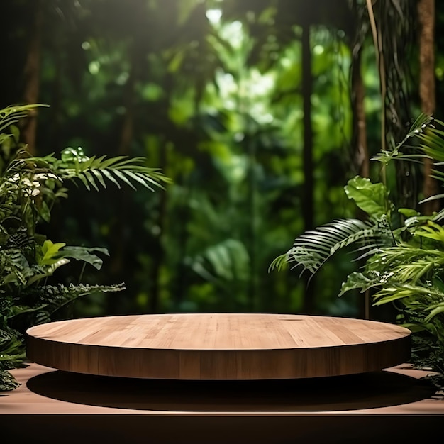 Wooden podium in tropical forest background for product presentation