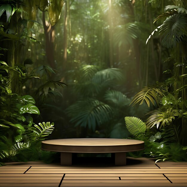 Wooden podium in tropical forest background for product presentation