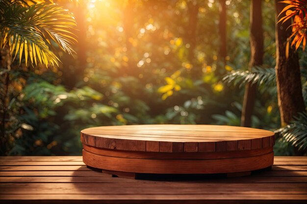 Wooden podium in tropical forest for product ai generative