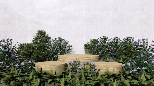 Wooden podium in tropical forest for product presentation 3d rendering