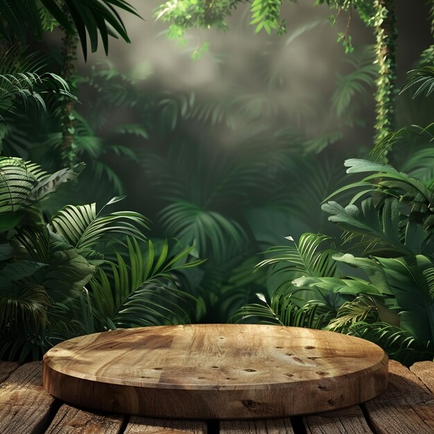 熱帯森林の木製のポディウムで 製品のプレゼンテーションと緑の背景