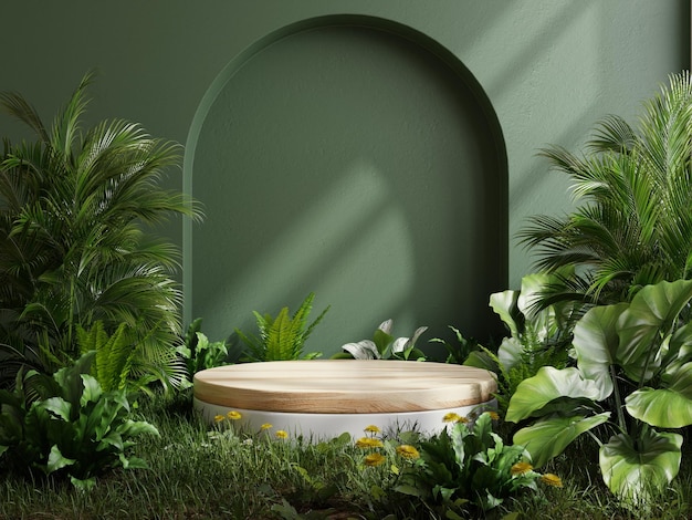 Foto podio in legno nella foresta tropicale per la presentazione del prodotto e sfondo verde