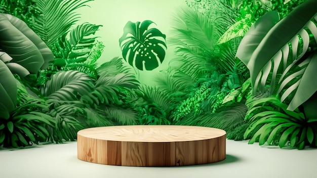 Wooden podium in the tropical forest for product presentation and green background