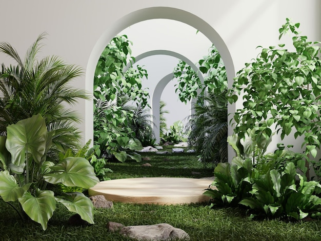 Wooden podium in tropical forest for product presentation behind is white walkway arch