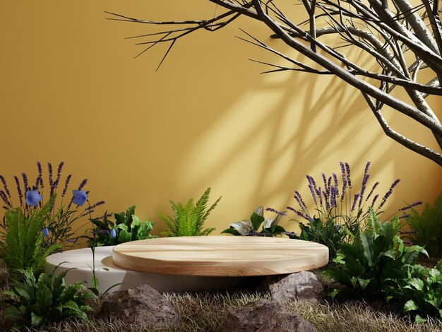 Wooden podium in tropical forest for product presentation and yellow background