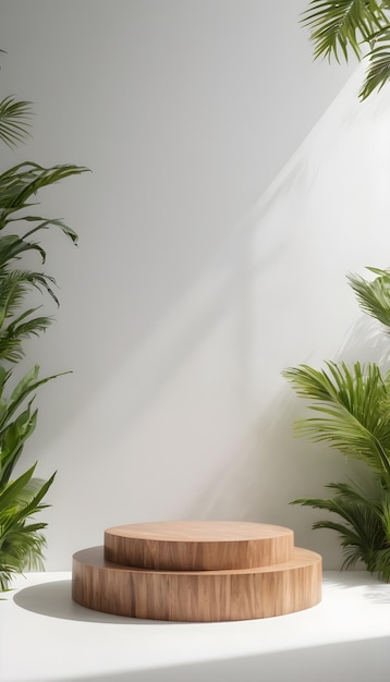 Wooden podium in tropical forest for product presentation