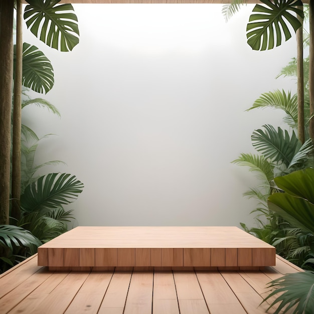 Wooden podium in tropical forest for product presentation