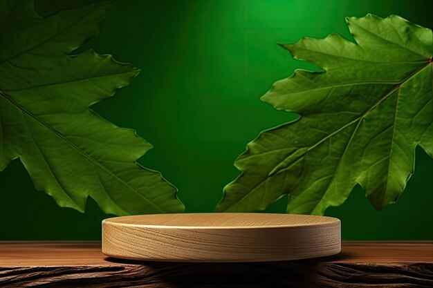 Wooden podium with autumn leaf backdrop for displaying beauty products and cosmetics during exhibiti