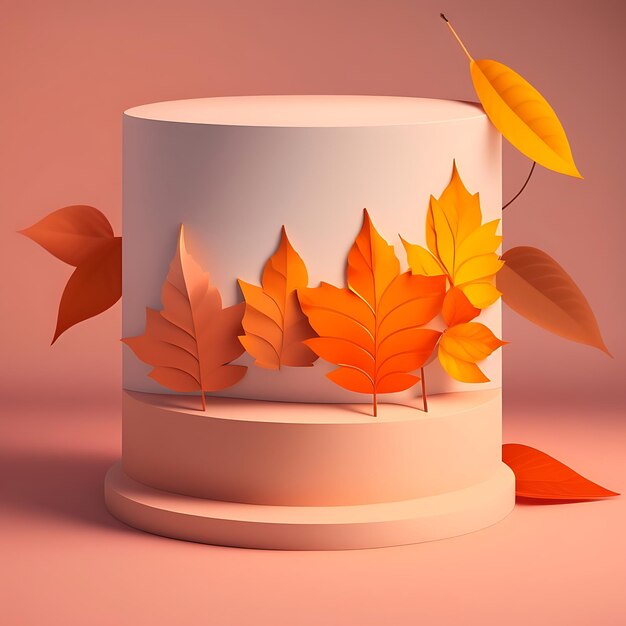 Wooden podium with autumn maple tree leaves and shadows on pastel background