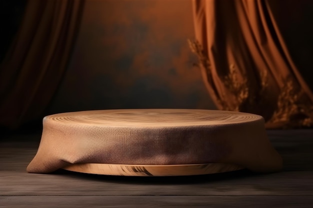 A wooden podium with a brown fabric on background