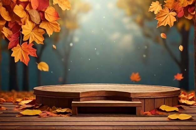 Wooden podium with falling leaves autumn background