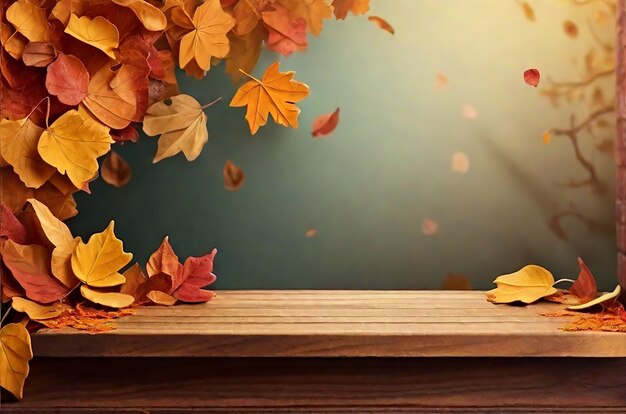 Wooden podium with falling leaves autumn background