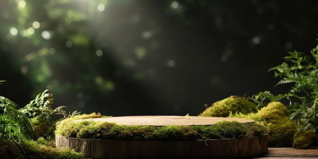 Wooden podium with green moss natural and organic