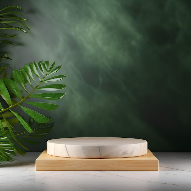 Wooden podium with green tropical leaves for product display blank showcase mockup natural lighting