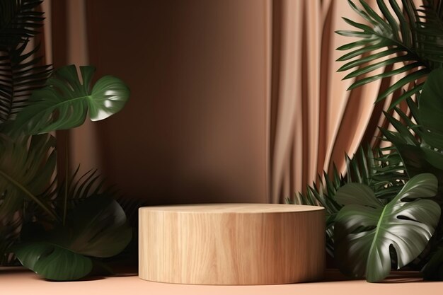 Wooden podium with leaves cosmetic beauty mockup display Ai image