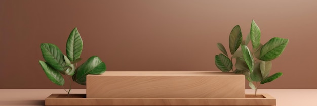 Foto podio in legno con foglie palco rotondo per la presentazione del prodotto con foglie verdi genera ai