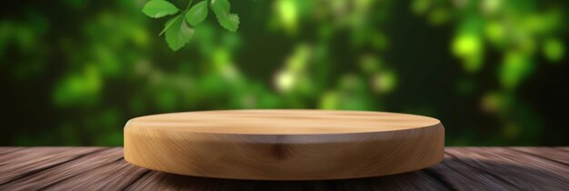 Wooden podium with leaves round stage for product presentation with green leaves generate ai