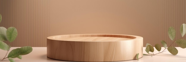 Wooden podium with leaves Round stage for product presentation with green leaves Generate AI