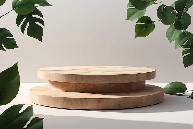 Wooden podium with leaves and shadows Realistic wood platform for product presentation