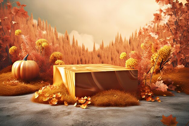 Wooden podium with pumpkin on autumn background