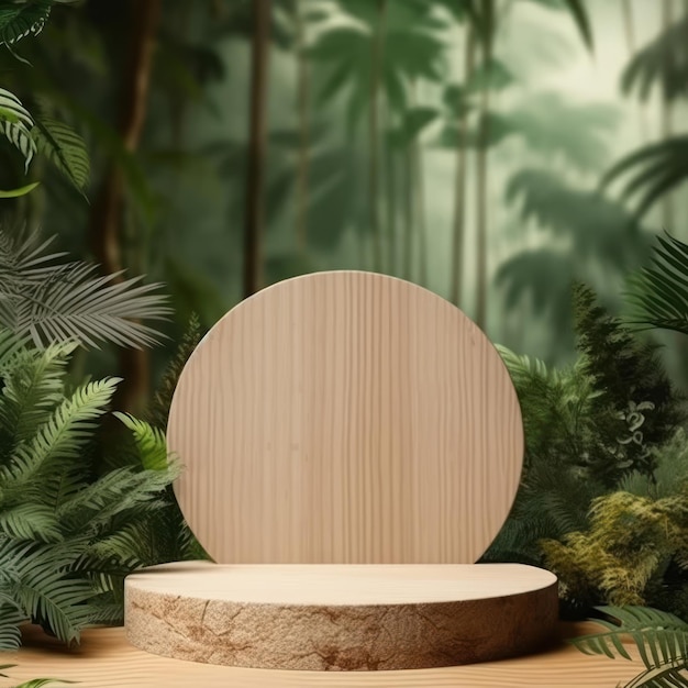 A wooden podium with a round wooden top sits in front of a forest background.