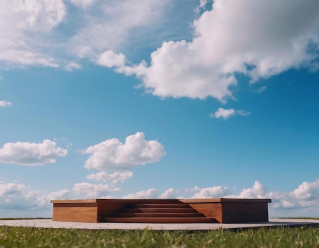 wooden podium with a sky with clouds in the background