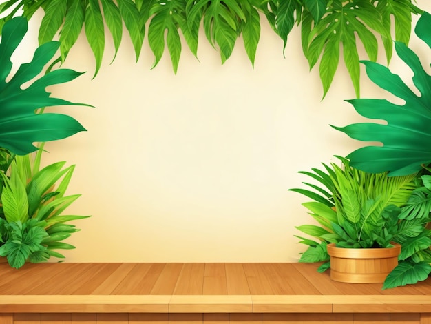 Wooden podium with tropical leaves decor background template