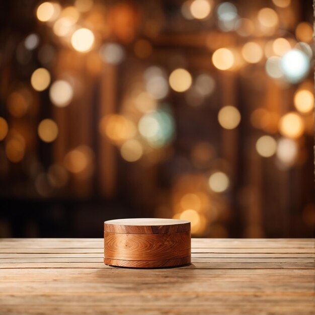 Wooden podium on a wooden table with bokeh lights background high quality photo