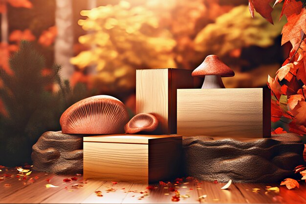 Wooden podiums with mushrooms on autumn background