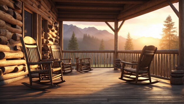 a wooden porch with rocking chairs on it