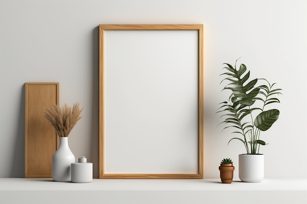 Wooden poster photo frame mockup that is contemporary and minimalist interior generative ai