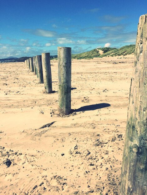 Wooden posts on beach against sky