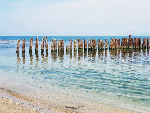 Wooden posts on beach against sky