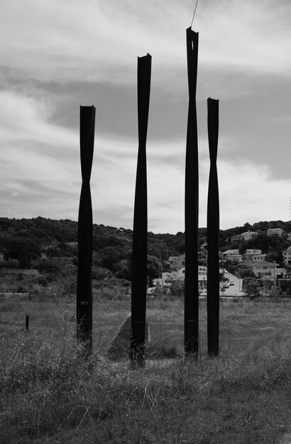 Photo wooden posts on field against sky