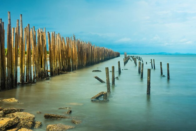 Wooden posts in sea against sky