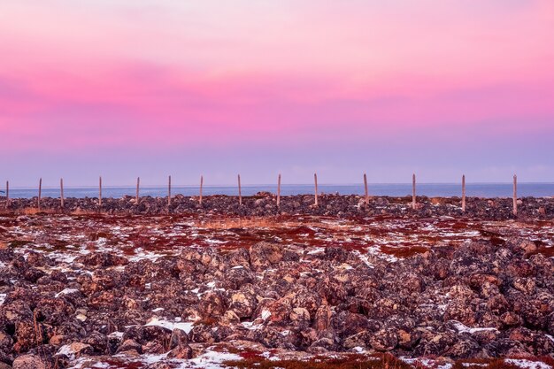 Wooden posts of the snow barrier Mountain landscape with tundra