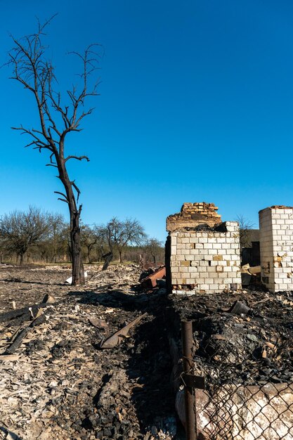 A wooden private house destroyed after a fire The consequences of a forest fire in the village Charred walls of a timber house closeup