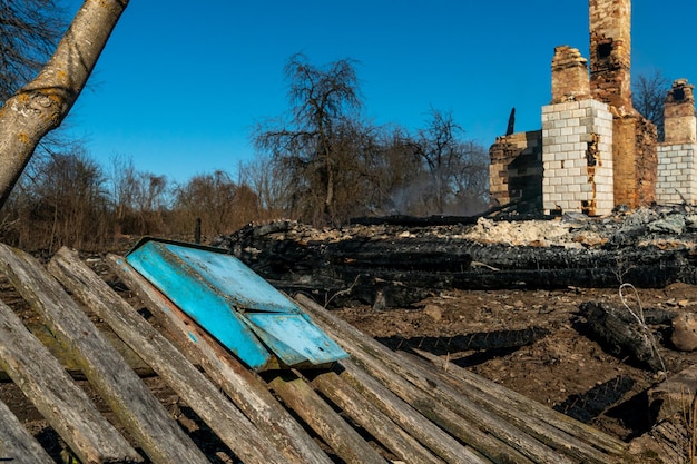 A wooden private house destroyed after a fire the consequences\
of a forest fire in the village charred walls of a timber house\
closeup