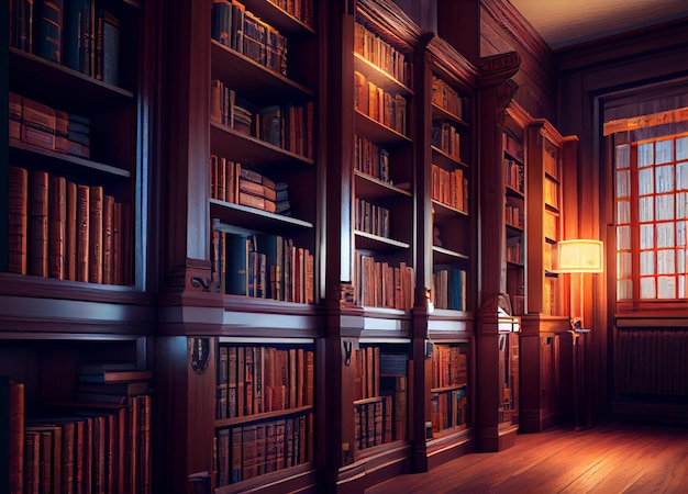 Wooden private library with a large collection of books