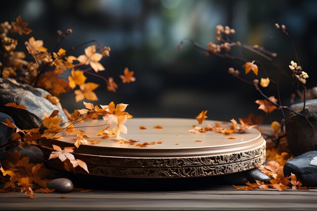 Wooden product display background with autumn theme