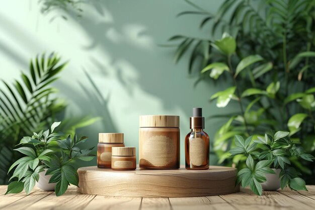 Wooden product display podium for cosmetic product Ai generative