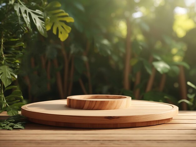 Wooden product display podium with blurred generative ai