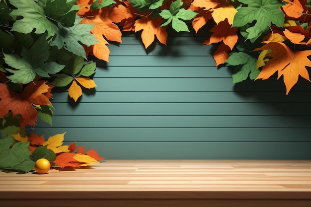 Wooden product display podium with blurred nature leaves background Generative Ai