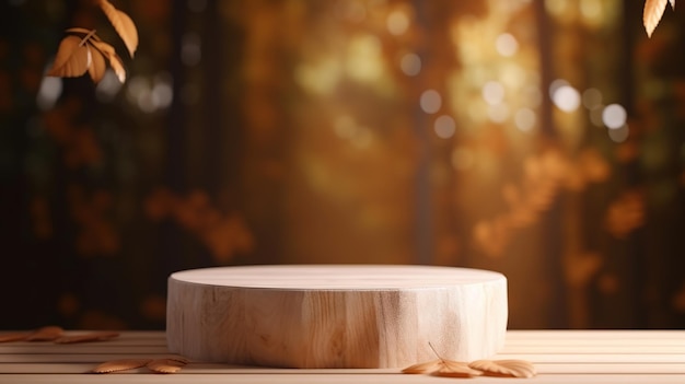 Wooden product display podium with blurred nature leaves background Generative Ai