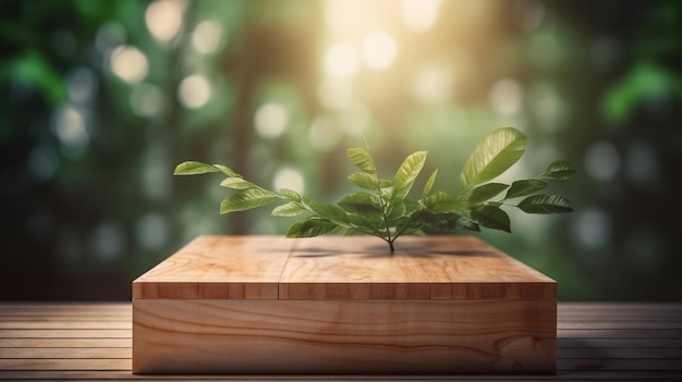 Wooden product display podium with blurred nature leaves background Generative Ai