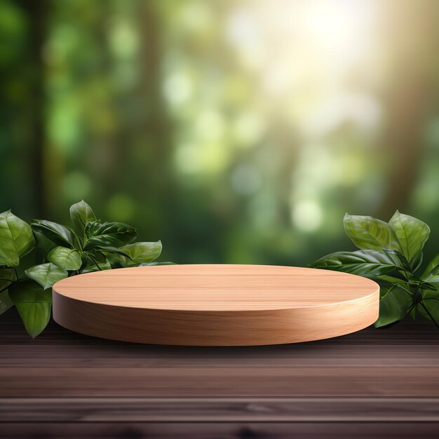 Wooden product display podium with blurred nature leaves background