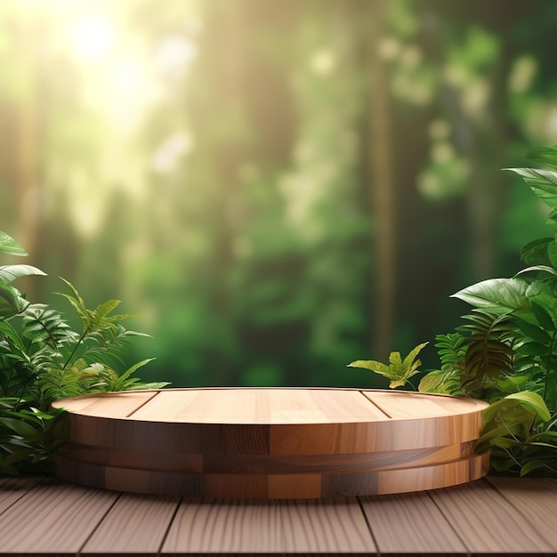 Wooden Product Display Podium With Blurred Nature Leaves Background