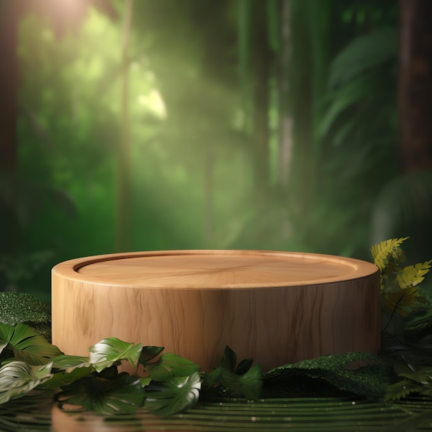Wooden product display podium with blurred nature leaves background